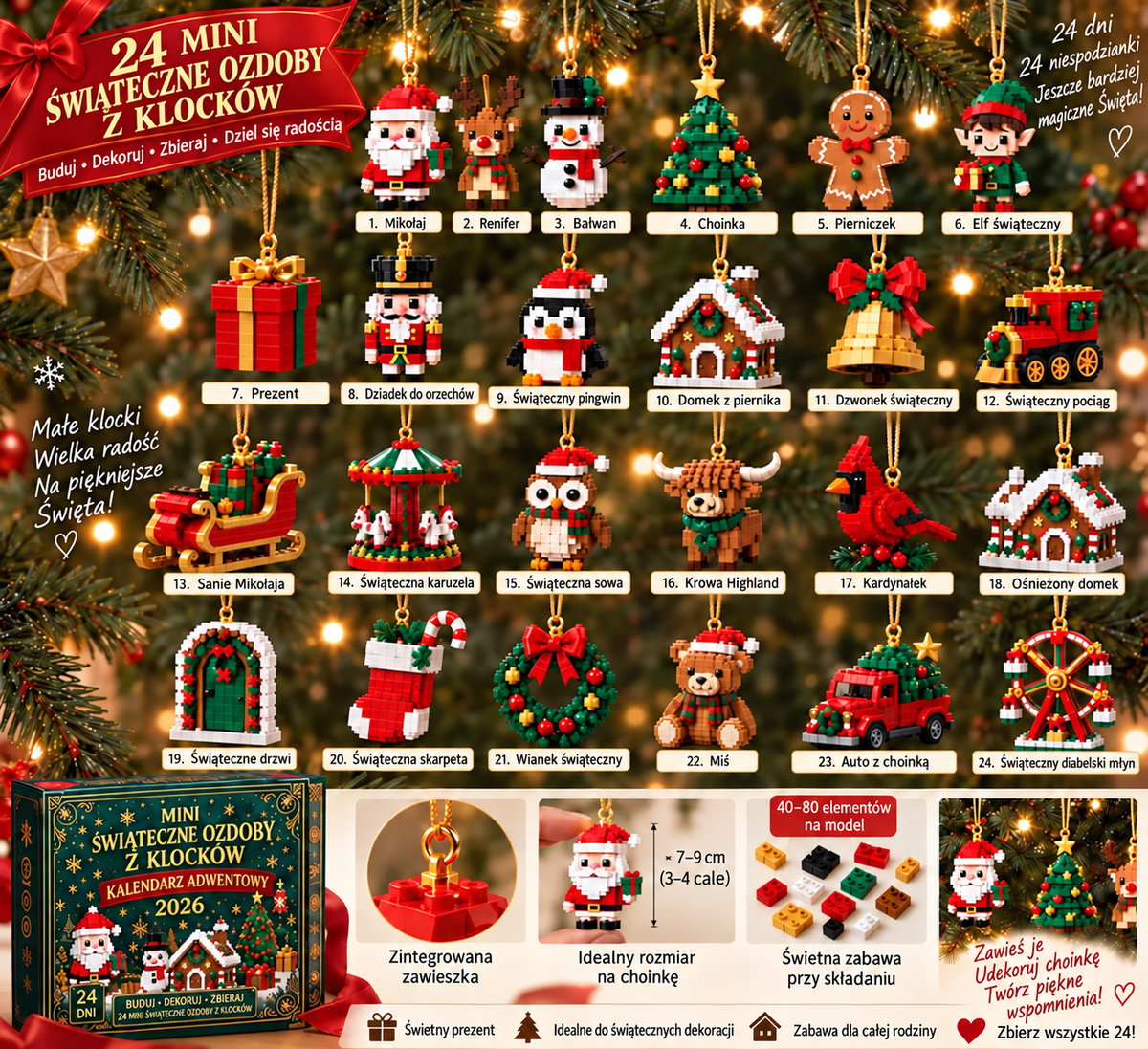 𝐁i𝐥𝐥𝐡𝐨𝐥®🎅 24-Day Mini LEGO Christmas Brick Ornament Advent Calendar – 24 Unique Buildable Holiday Models